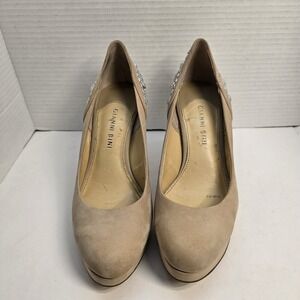 Gianni Bini Tan Suede Rhinestone Embellished Platform Pumps Heels Womens 7.5M